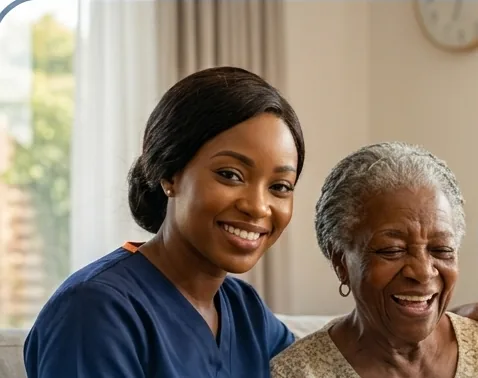 A LUSSO ALTHEA CARE nurse checking in warmly with an elderly client, representing the diaspora family care connection