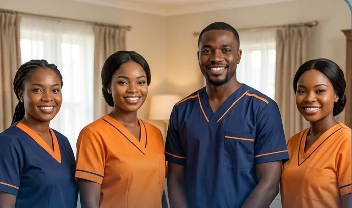 Four LUSSO ALTHEA CARE staff members in navy and orange scrubs smiling together