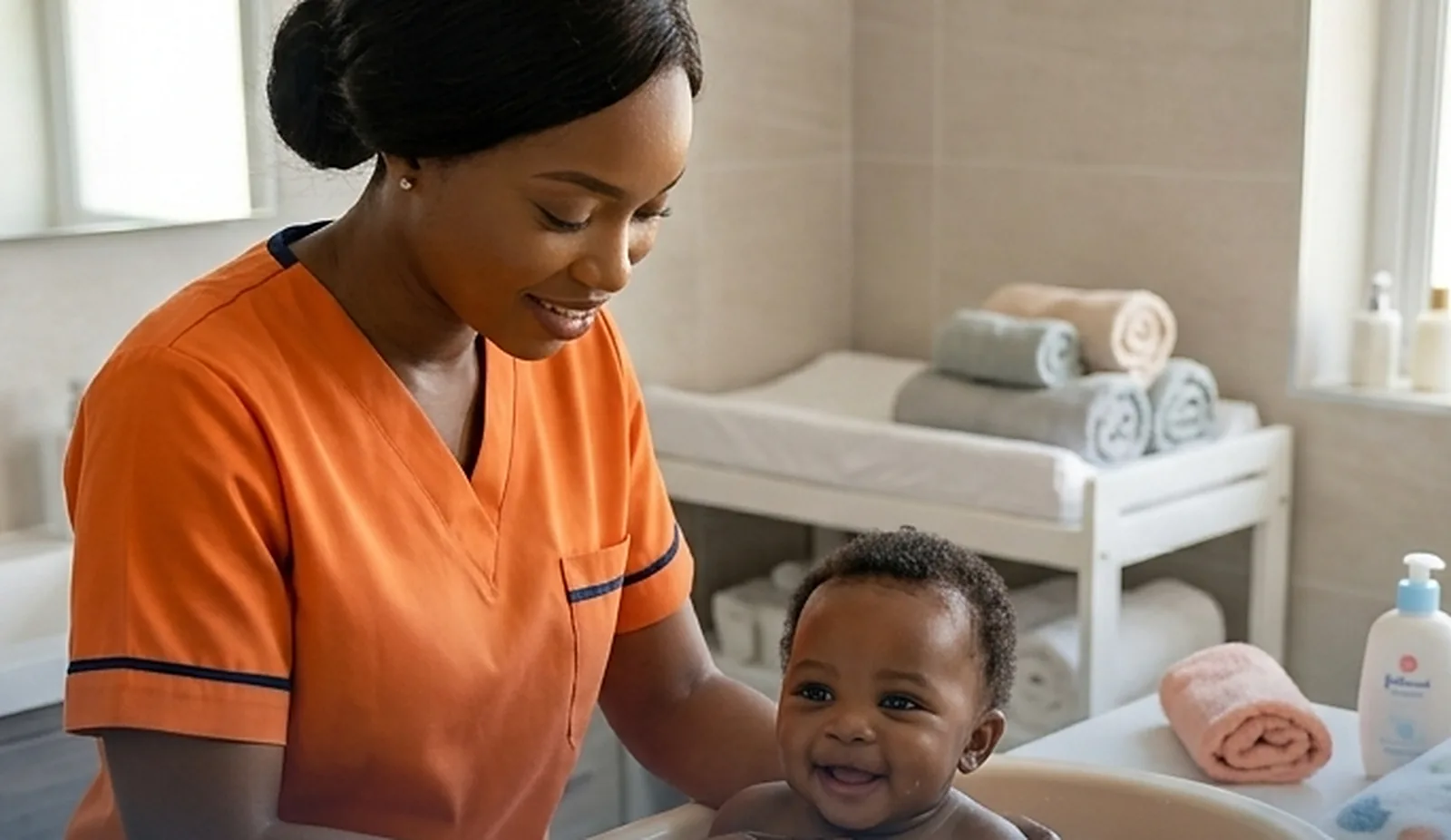 A caregiver supporting a family with a baby at home during Omugwo care